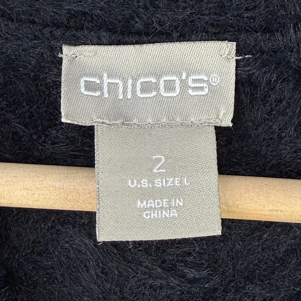Chico's Fuzzy Eyelash Knit Sweater Women Size L Black Balloon Sleeve Pullover
